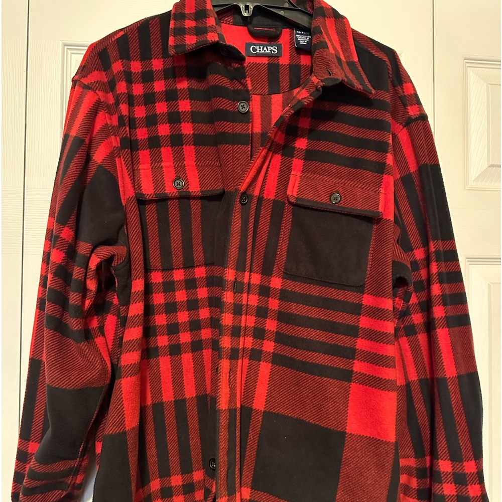 Chaps Men Shirt Jacket Fleece Red Black Buffalo Plaid Shacket Size XL